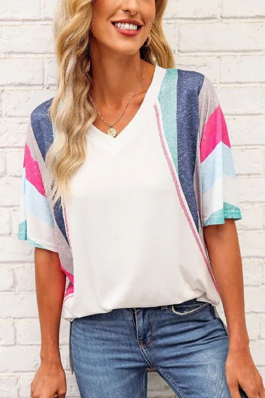 Weekend Bargains to Grab Rainbow Stripe Slit V-Neck T-Shirt
