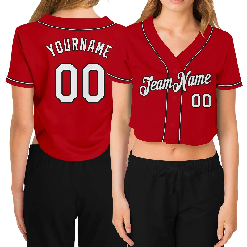 Buy Now Custom Women's Red White-Black V-Neck Cropped Baseball Jersey