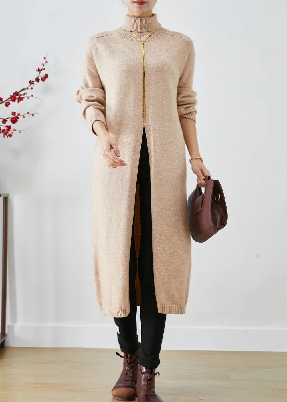Can't Be Beat French Apricot Turtle Neck Side Open Knit Sweater Dress Fall