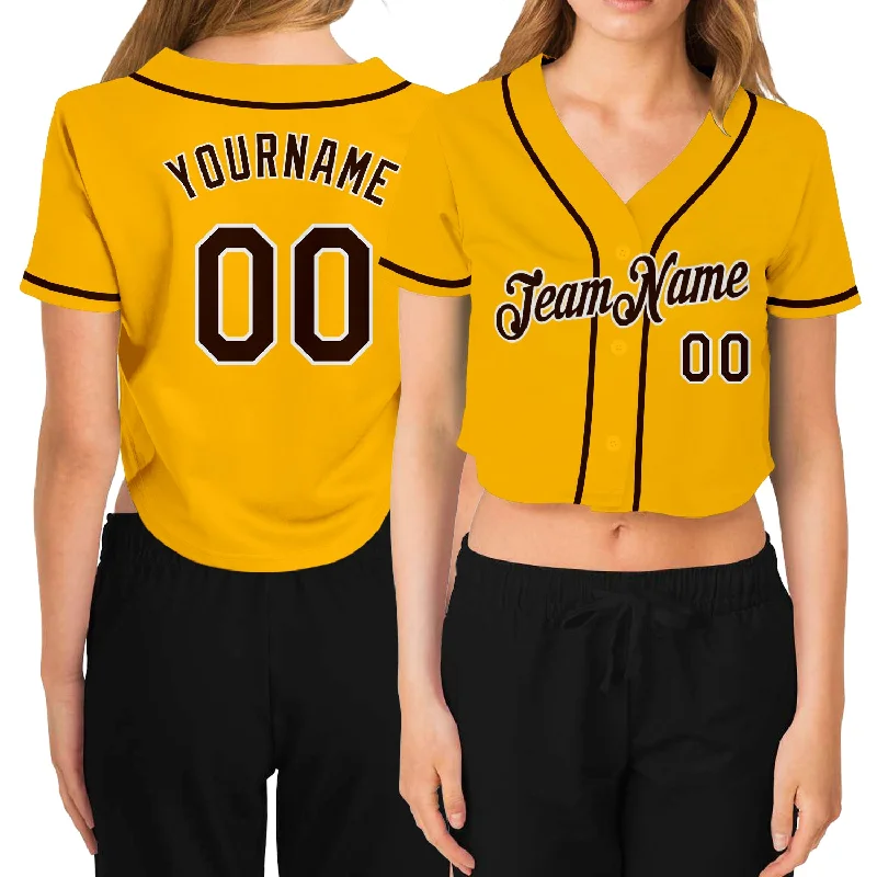 Special Discount Custom Women's Gold Brown-White V-Neck Cropped Baseball Jersey