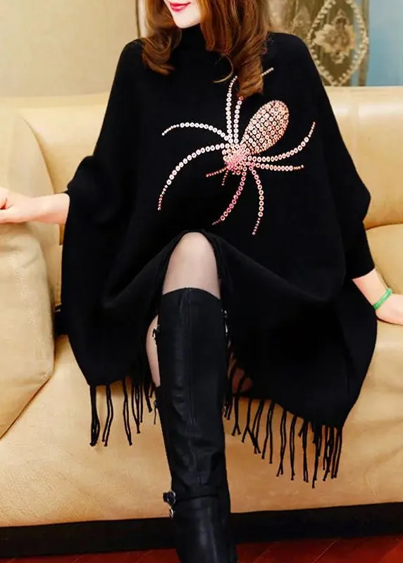 Crazy Savings Fine Black Turtleneck Tassel Long Knit Sweater Dress Winter