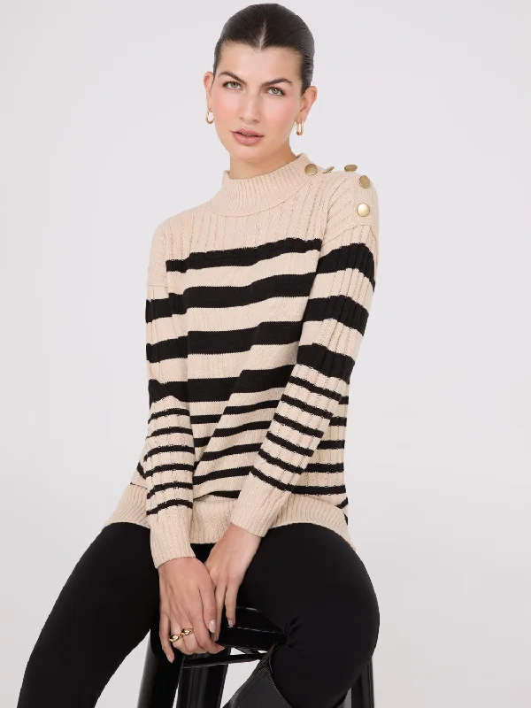 Discount Mania Striped Tunic Sweater With Button Details