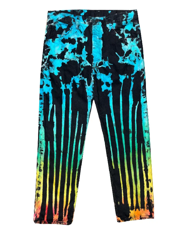 Black Tie Dye Denim Pants (Splotch/Stripes Turquoise, Green, Yellow, and Orange)