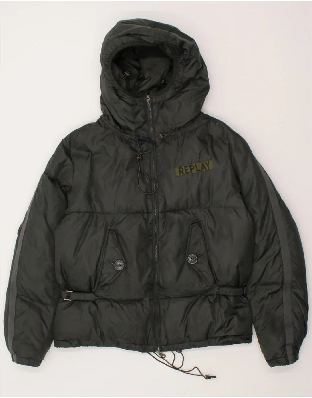 Act Fast REPLAY Womens Hooded Padded Jacket UK 14 Medium Black Polyamide