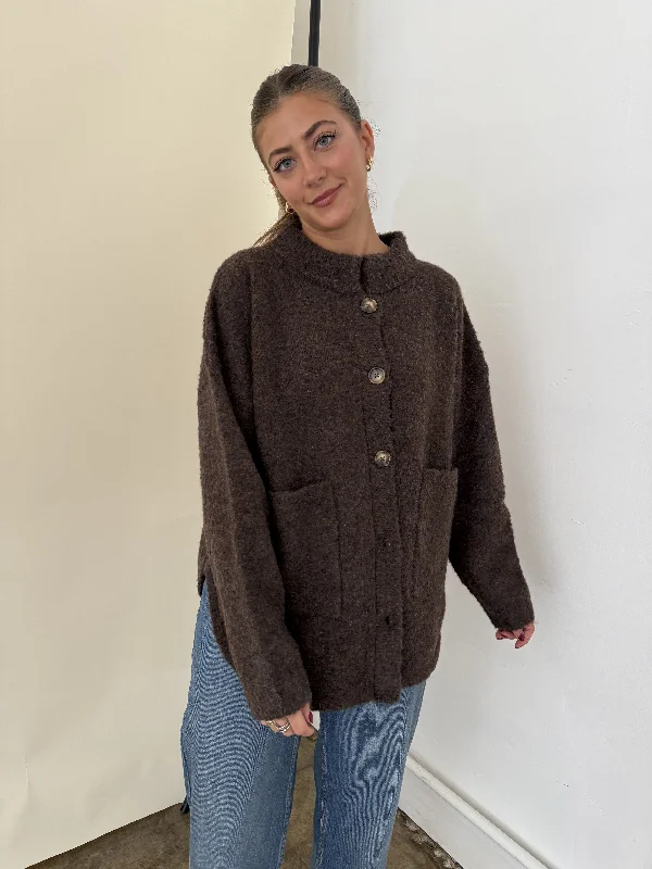 Deep Discounts Madison Brown Fuzzy Knit Buttoned Cardigan Jacket