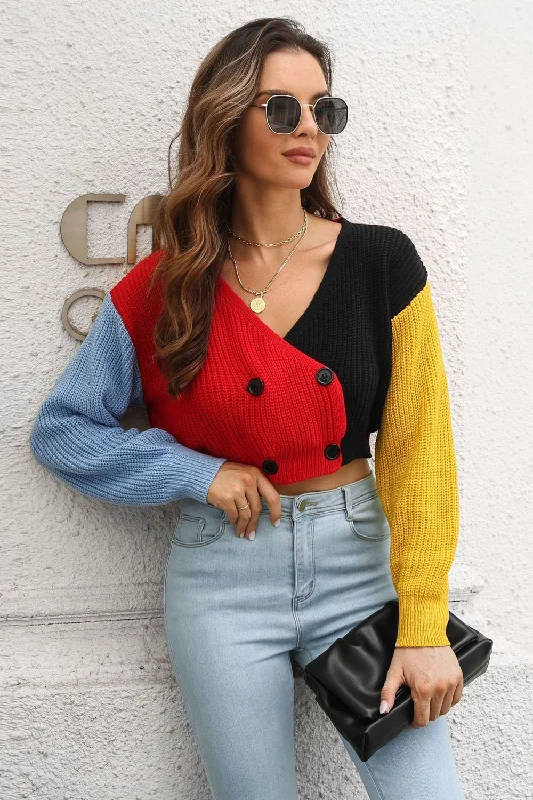 Price Drop Alert Cropped Contrast Color V- Neck Buttoned Cardigan