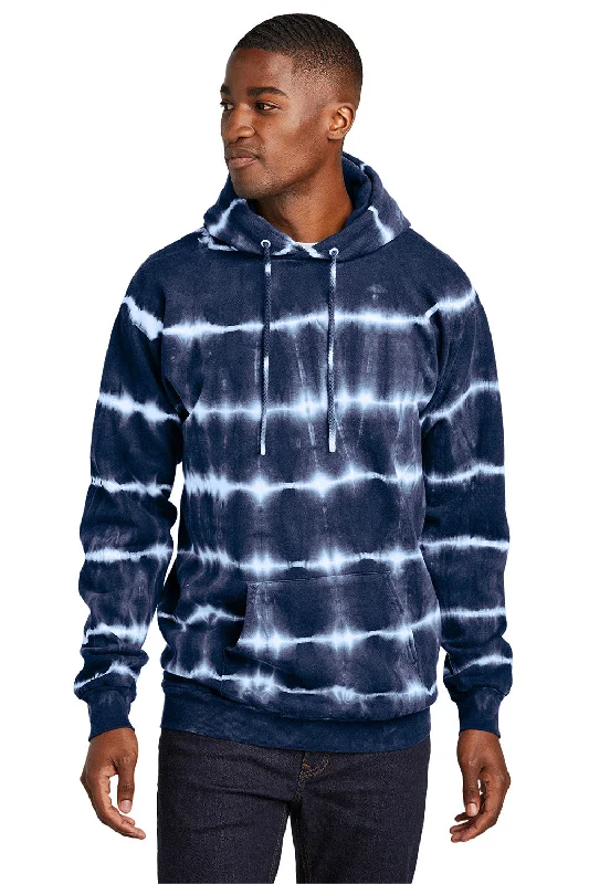 Port & Company Mens Allover Stripe Tie-Dye Fleece Hooded Sweatshirt Hoodie w/ Pouch Pocket - True Navy Blue/White - New