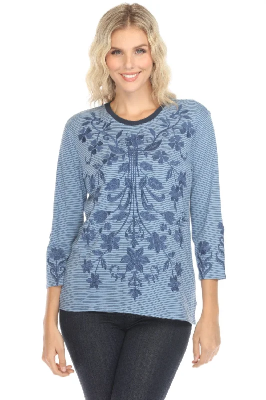 Flash Sale Johnny Was JWLA Blue Stripe Talithia 3/4 Sleeve Crew Neck Tee J18024
