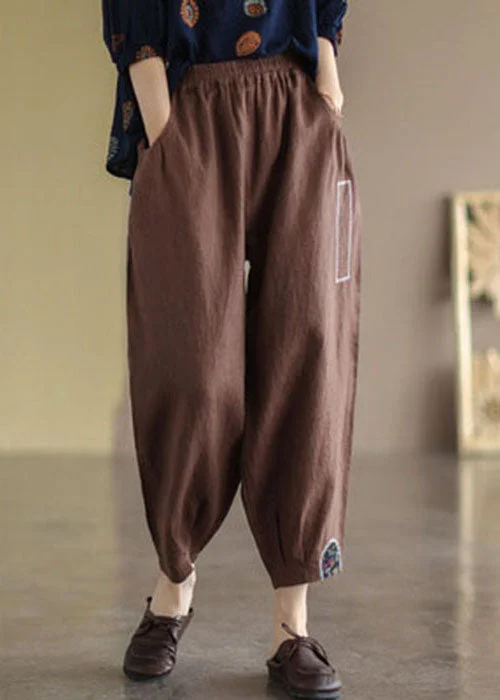 Weekend Bargains Galore Coffee Patchwork Linen Crop Pants High Waist Applique Fall