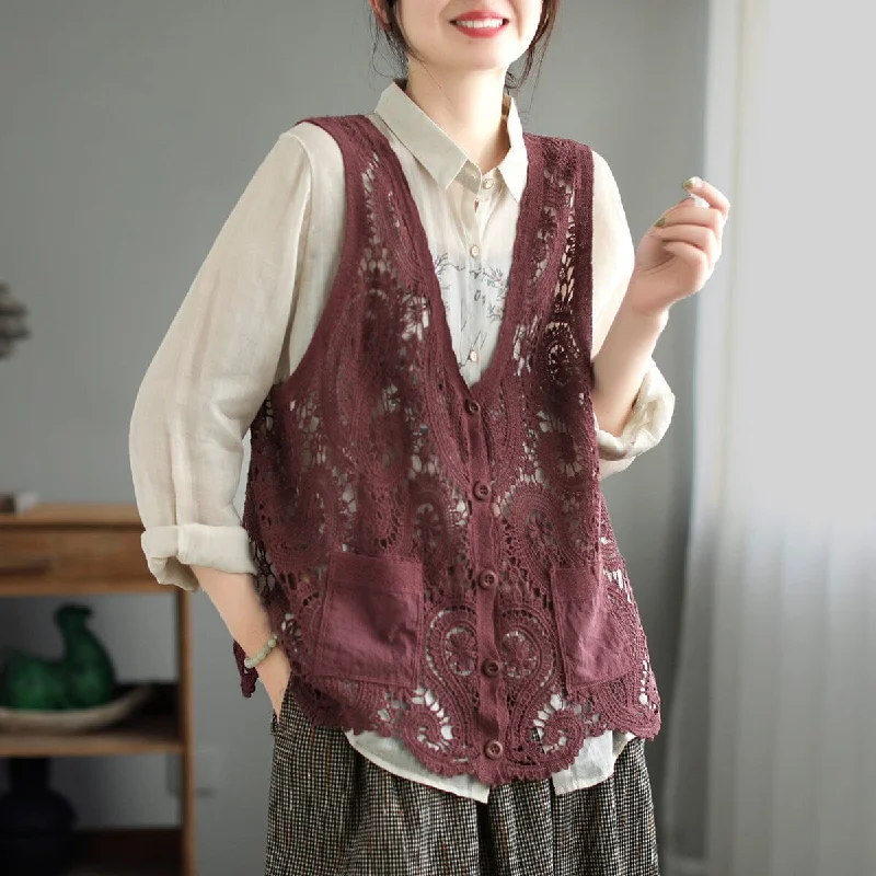 Discount Extravaganza Women Retro Hollow Lace Cotton Vest