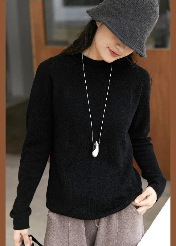 Deal of the Day Fashion Black Tops High Neck Oversized Spring Nit Sweaters Tops