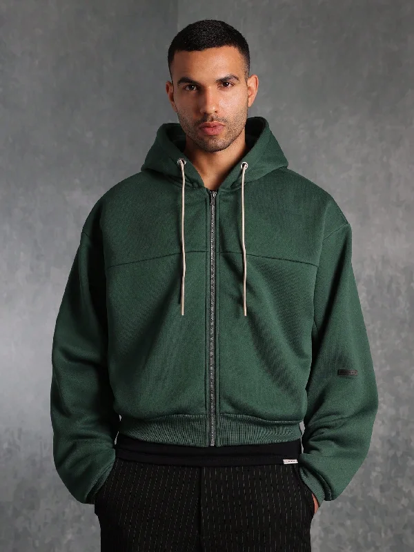 Boxy Fit Zip-Up Essential Hoodie With Panels & Drawcords