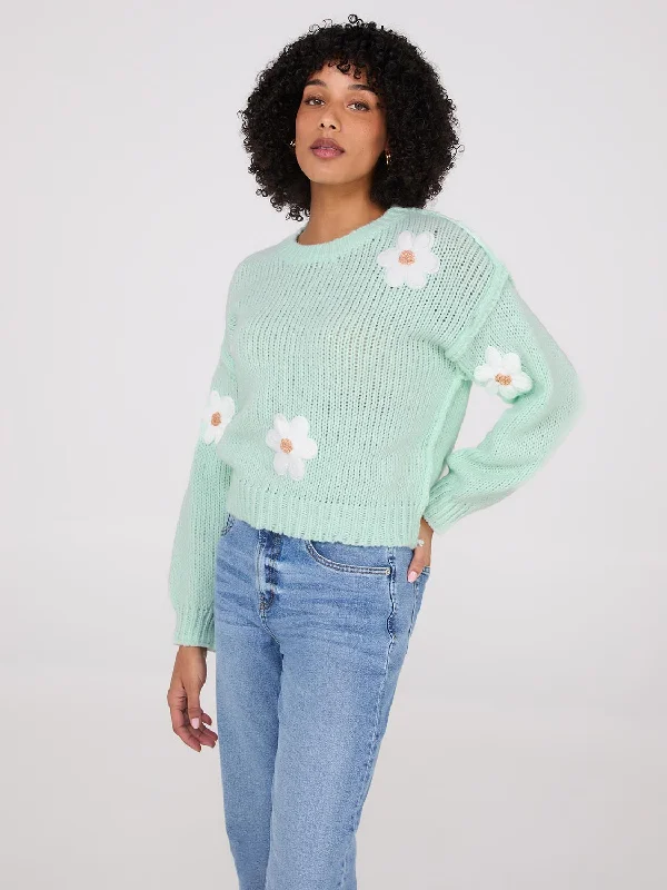 Exclusive Deal Crew Neck Sweater With Crochet Flowers