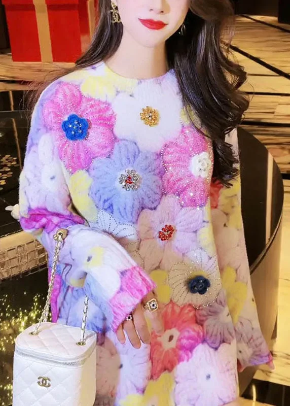 Super Bargain Elegant Zircon Floral Thick Cotton Knit Sweaters Long Sleeve