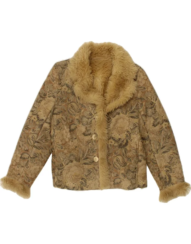 Weekend Discounts to Relish VINTAGE Womens 3/4 Sleeve Sherpa Jacket UK 12 Medium Brown Floral