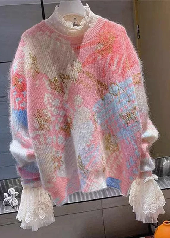 Extra Savings French Pink O Neck Patchwork Cozy Cotton Knit Sweaters Winter