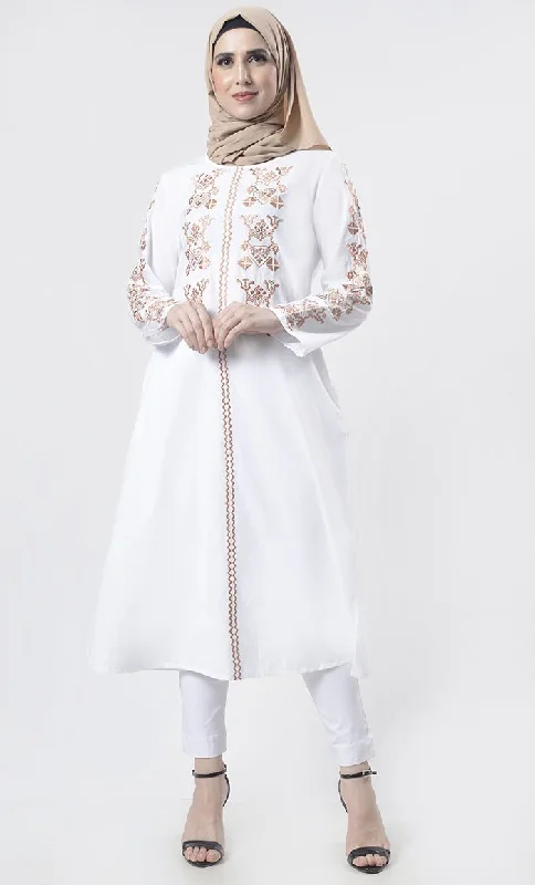 Weekend Specials to Cherish White Astonishing Geometric Embroidered Tunic
