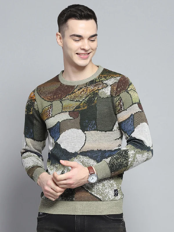 Men Green Self Design Round Neck Full Sleeve Pullover