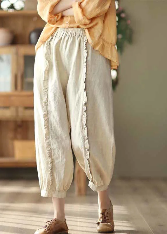 Weekend Deals to Brighten Your Day Handmade Beige Ruffled Patchwork Linen Crop Pants Summer