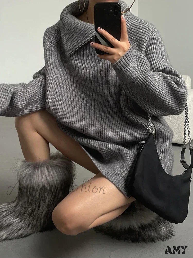 Weekend Savings Extravaganza Women's Zipper Oversize Fashion Women 2024 Autumn Knitwear Loose Thick Warm High Neck Cozy Sweater