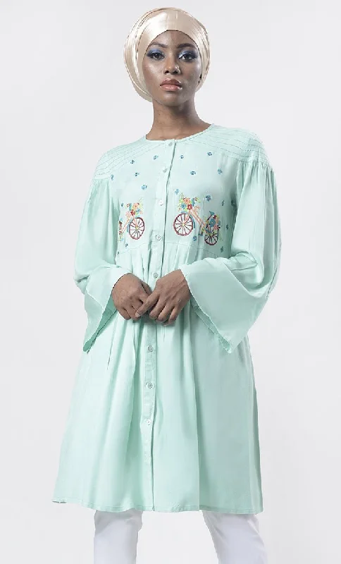Weekend Specials to Love Graceful Green Ash Bicycle Embroidered Front Button Down Tunic
