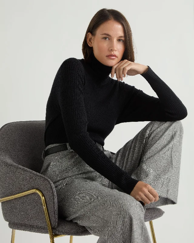 Weekend Deals That Wow Women's Superfine Cashmere Ribbed Turtle Neck Sweater Black