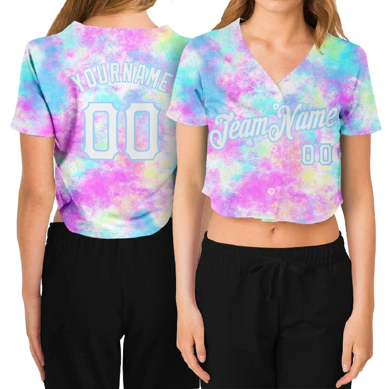 Final Offer Custom Women's Tie Dye White-Light Blue Watercolor Gradient 3D V-Neck Cropped Baseball Jersey