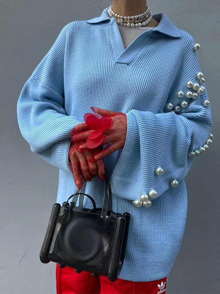 Weekend Deals That Wow Elegant Solid Pearl Decoration Knitted Women Flip Collar Long Lantern Sleeves Loose Sweater