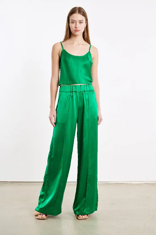 Unbeatable Prices Green Silk Wide Leg Pintuck Pants