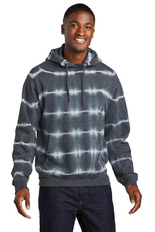 Port & Company Mens Allover Stripe Tie-Dye Fleece Hooded Sweatshirt Hoodie w/ Pouch Pocket - Graphite Grey/Light Grey - New