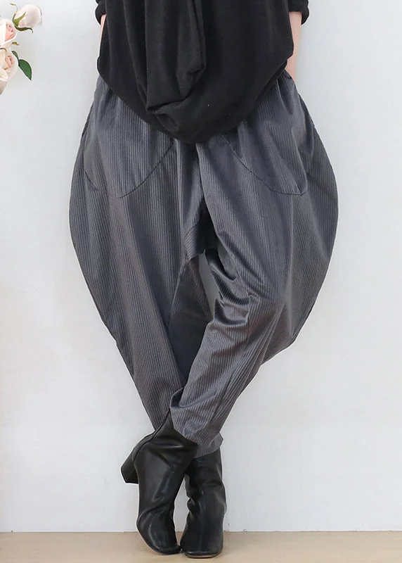 Don't Wait Fashion Grey Pockets Patchwork Elastic Waist Corduroy Lantern Pants Fall