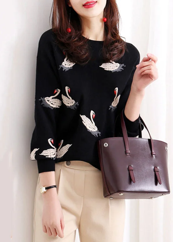 Weekend Discounts to Delight French Black O Neck Embroideried Knit Shirt Sweaters Long Sleeve