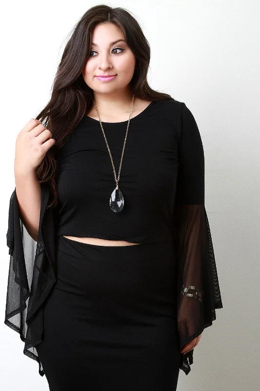 Value Deals Contrast Round Neck Mesh Bell Sleeves Crop Top