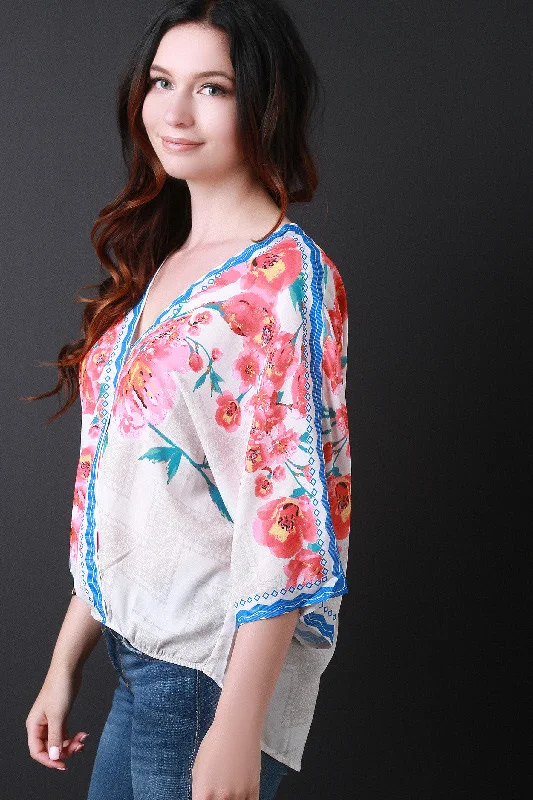 Stock Clearance Dolman Sleeve Floral Print Surplice Top