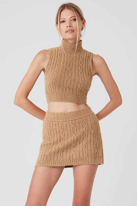 Savings Event Cable Knit Winter Bliss Mock Neck Tank - Toasted Almond