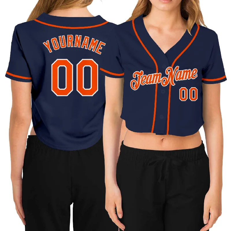 Price Break Custom Women's Navy Orange-White V-Neck Cropped Baseball Jersey