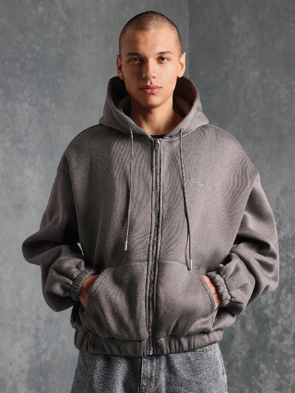 Regular Fit Zip-Up Hoodie With Self Binding Hem & Drawcords