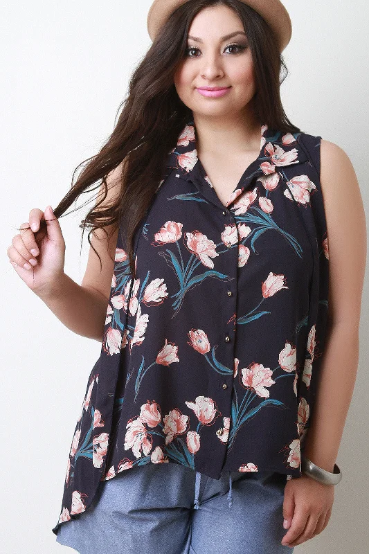 Weekend Specials to Snag Floral Chiffon Collar Button Up Sleeveless High Low Top