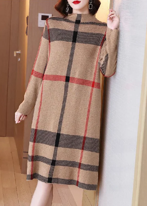 Exclusive Savings Light Camel Print Knit Sweater Dress High Neck Winter