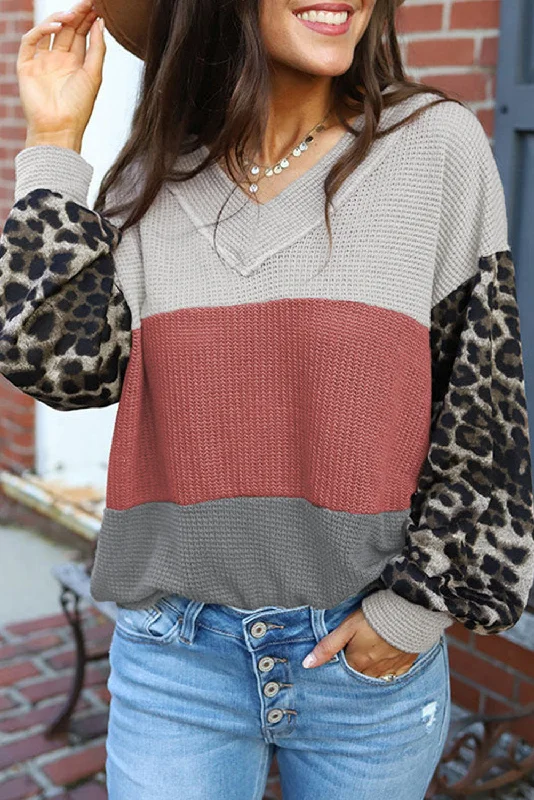 Weekend Savings Spectacular Fiery Red Wild Leopard Contrast Sleeve Colorblock Waffle Knit Top