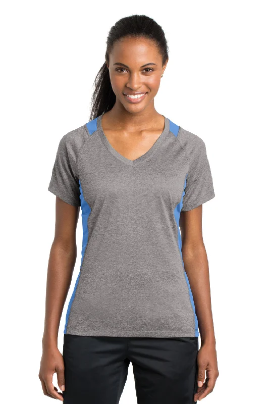 Weekend Special Sport-Tek Womens Contender Heather Moisture Wicking Short Sleeve V-Neck T-Shirt - Heather Vintage Grey/Carolina Blue - Closeout
