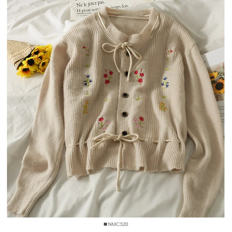 Quick Sale Bow tie lace up embroidered single breasted cardigan top  1862