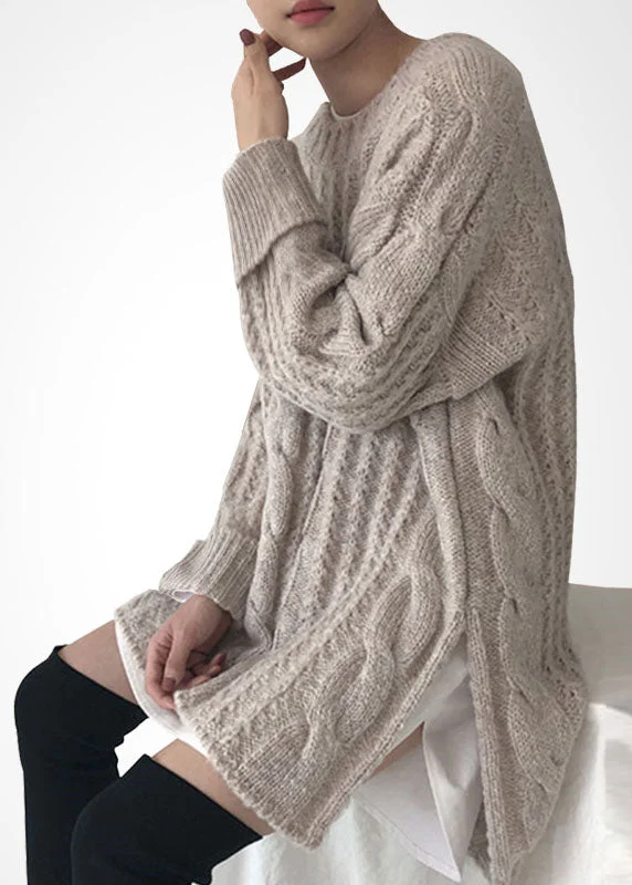 Must-Have Deals French Beige O-Neck Side Open Wool Cable Knit Long Sweater Winter
