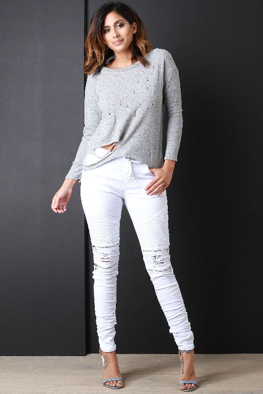 Can't Be Beat Distress Terry Knit Sweater Top