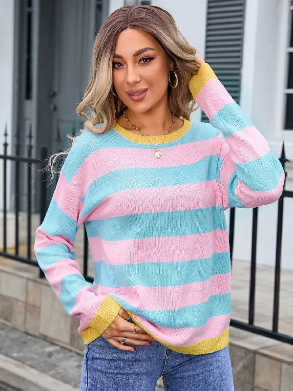 Sale Alert Angel Wings Striped Round Neck Dropped Shoulder Sweater