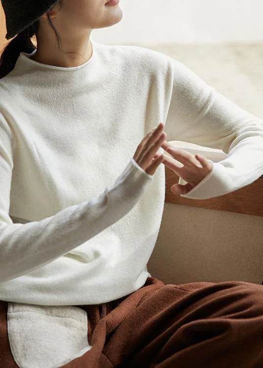 Closeout Cute Spring White Sweaters Casual High Neck Blouse