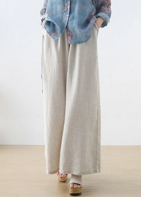 Weekend Savings Sensation Handmade Beige Elastic Waist Wide Leg Linen Pants