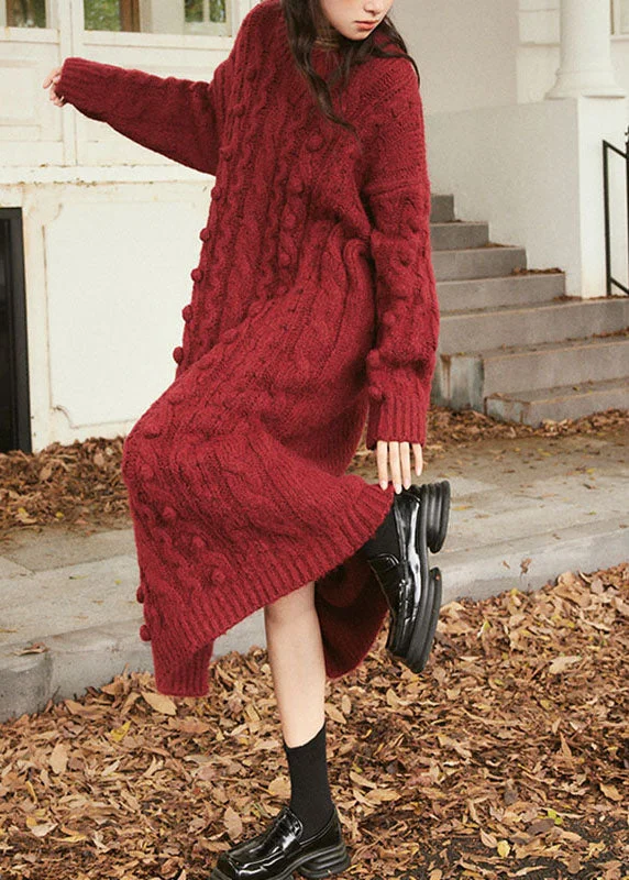 Weekend Bargains Galore Natural Purplish Red O-Neck Cable Cotton Knit Sweater Maxi Dress Long Sleeve