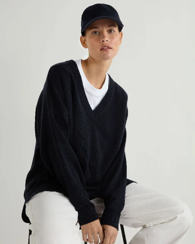 Weekend Savings Galore Women's Longline V Neck Cashmere Sweater Navy Blue
