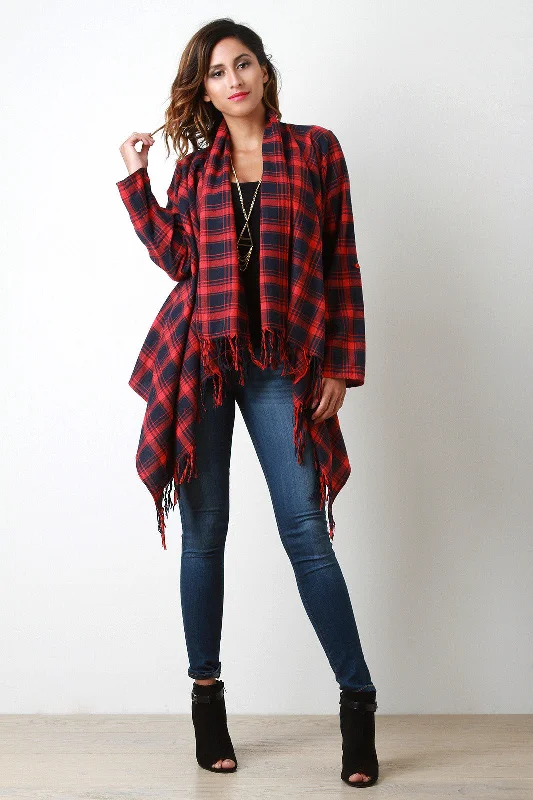 Unwind with Weekend Discounts Draped Plaid Boxy Cardigan